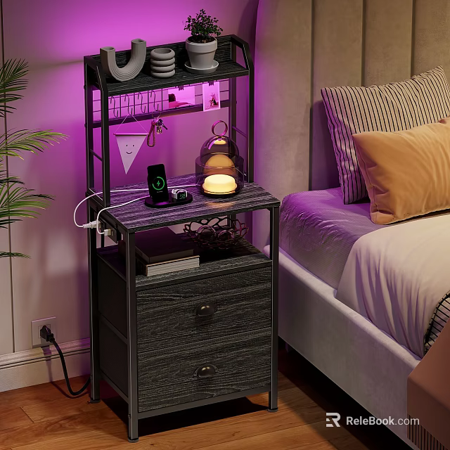 Bedroom Storage Shelf With Purple Light Lamp Phone Holder and Cups Next to Bed 3d model 