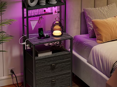Bedroom Storage Shelf With Purple Light Lamp Phone Holder and Cups Next to Bed 3d model