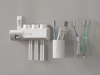 Bathroom Daily Cleaning Essentials Wall Mounted Toothbrush Holder With Toothbrushes Toothpaste And Storage Cups 3d model