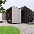 Modern Sales Office Building With Wooden Panels Stone Facade Green Lawn And Trees 3d model
