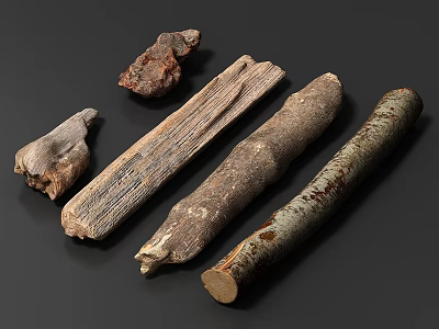 Natural Stone And Wood Pieces Featuring Various Textures And Shapes 3d model