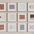Multiple Square Framed Abstract Paintings Arranged in Grid with Geometric Patterns Lines and Neutral Tones 3d model
