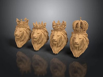 Four Royal Lion Head Sculptures With Various Crown Designs For Decoration 3d model
