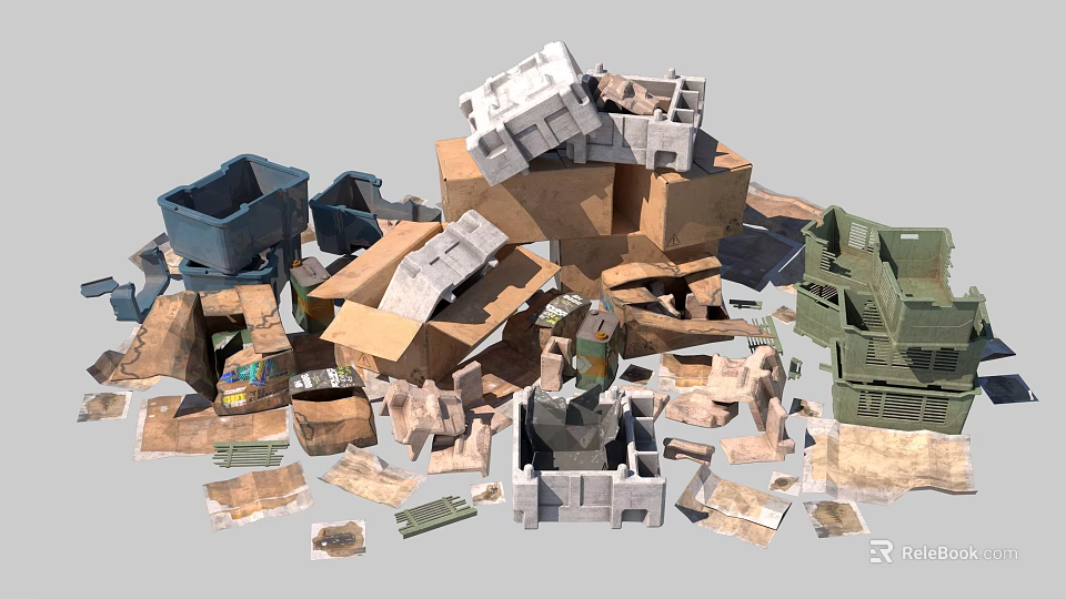 Pile of Various Recyclable Waste Containers Including Cardboard Boxes and Plastic Crates 3d model 