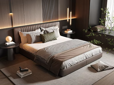 Modern Bedroom Interior With Upholstered Headboard Multiple Pillows Nightstands And Plant Near Window 3d model