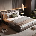 Modern Bedroom Interior With Upholstered Headboard Multiple Pillows Nightstands And Plant Near Window