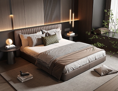 Minotti Bedroom Leather Double Bed Fabric Double Bed Small Chandelier Dark Italian Style Light Luxury 3d model