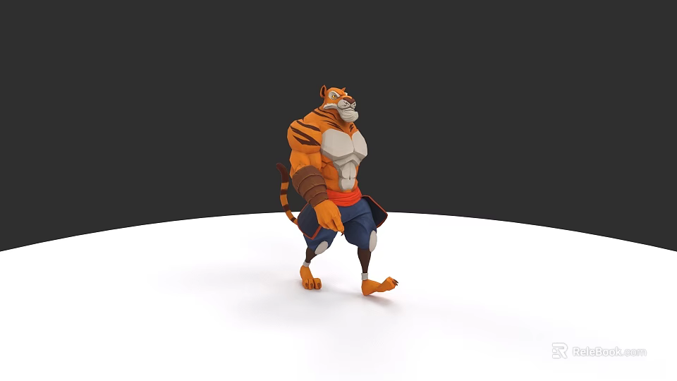 Cartoon Anthropomorphic Tiger Character With Muscular Build Blue Pants And Red Sash 3d model 