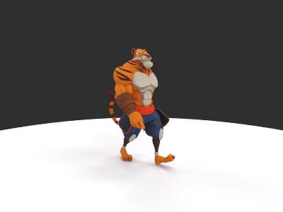 Cartoon Anthropomorphic Tiger Character With Muscular Build Blue Pants And Red Sash 3d model
