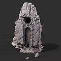 Stone Wood Structure with Carved Door and Natural Textured Surfaces