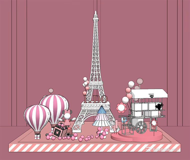 Eiffel Tower Hot Air Balloon and Small House Inflatables with Decorative Balls on Pink Background 3d model 