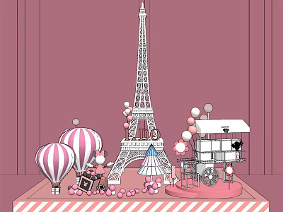 Eiffel Tower Hot Air Balloon and Small House Inflatables with Decorative Balls on Pink Background 3d model