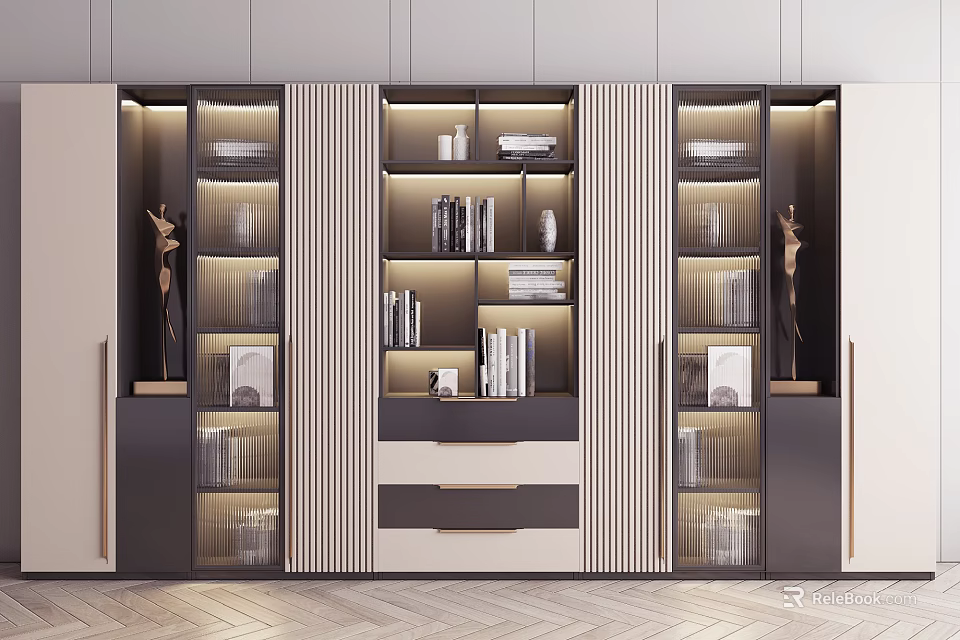 Modern Multi tiered Bookcase Interior With Glass Doors And Decorative Books 3d model 