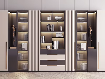 Modern Multi tiered Bookcase Interior With Glass Doors And Decorative Books 3d model