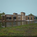 Modern Semi Detached Villa Exterior With Glass Curtain Walls Water Pond Green Lawn And Trees