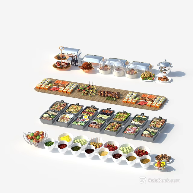 Assorted Foods Buffet Spread With Transparent Containers Grilled Skewers Sliced Bread Salads And Sauces 3d model 