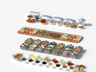 Assorted Foods Buffet Spread With Transparent Containers Grilled Skewers Sliced Bread Salads And Sauces 3d model