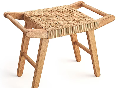 Natural Wooden Stool With Woven Seat And Cross Legs Design 3d model