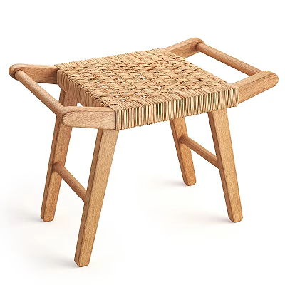 Natural Wooden Stool With Woven Seat And Cross Legs Design 3d model