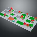 Residential Area Layout With Small Houses Red Roofs Green Lawns And Trees
