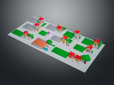 Residential Area Layout With Small Houses Red Roofs Green Lawns And Trees 3d model