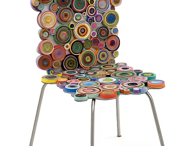 Artistic Single Chair Featuring Colorful Circular Paper Rolls and Metal Legs 3d model