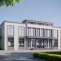 Modern Two Story Office Building With Large Glass Windows And Black White Exterior
