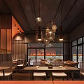 Elegant Restaurant Interior Featuring Hanging Chandeliers Orange Walls Wooden Accents And Warm Lighting