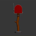 Red Mailbox With Wooden Post Metal Slot And Gray Base Design