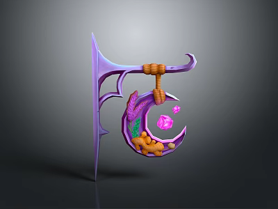 Purple Decorative Scene Component With Crescent Shape Pink Gemstone And Orange Beads 3d model