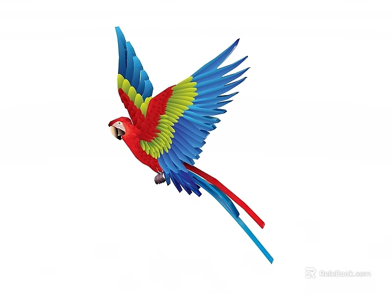 Vibrant Red Yellow Blue Macaw Parrot Flying With Spread Wings On White Background 3d model 