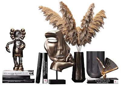 Modern Decorative Ornament Set With Metallic Face Sculpture Feather Decor Vases And Books 3d model