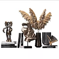 Modern Decorative Ornament Set With Metallic Face Sculpture Feather Decor Vases And Books