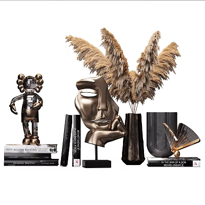 Modern Decorative Ornament Set With Metallic Face Sculpture Feather Decor Vases And Books 3d model
