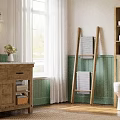 Rustic Bathroom Interior With Wooden Vanity Green Wainscoting And Ladder Towel Rack