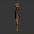 A Woman In Brown Dress And Brown Boots With Arms Outstretched Against Gray Background
