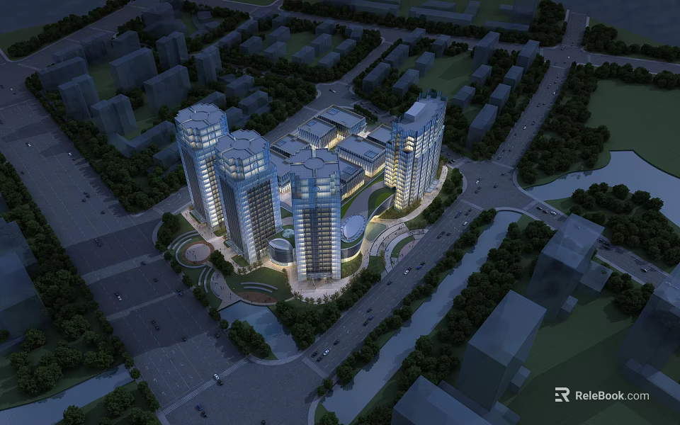 Birds Eye View Urban Planning of High Rise Towers with Road Network and Green Areas 3d model 