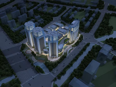Birds Eye View Urban Planning of High Rise Towers with Road Network and Green Areas 3d model