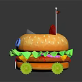 Cartoon Animal Themed Burger Shaped Vehicle With Big Blue Eyes Green Wheels And Red Seat