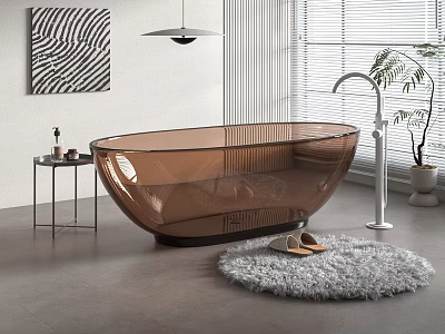 Modern Brown Transparent Bathtub Interior With Furry Rug Striped Wall Art And Potted Plant 3d model