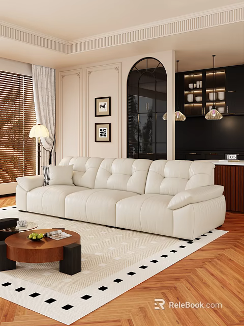 Modern Living Room Interior With Elegant White Leather Sofa And Wooden Coffee Table Set 3d model 