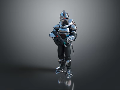 Shiny Silver Armored Warrior Character Standing With Weapon On Gray Reflective Background 3d model