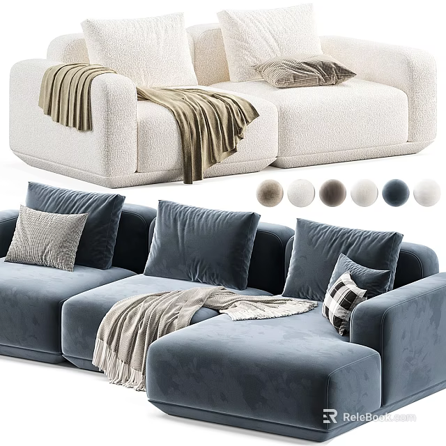 Modern Sectional Sofa In Cream And Blue With Plush Pillows Cozy Throw And Color Options 3d model 