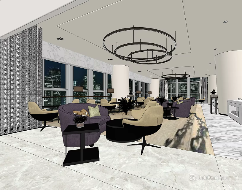 Elegant Modern Hotel Lobby Interior With Chandelier Sofas And Large Windows 3d model