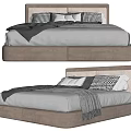 Modern Double Bed With Upholstered Headboard Beige Frame Gray Blanket And Plaid Pillows