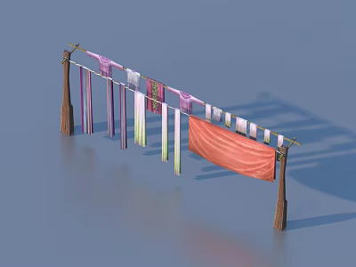 Wooden Clothes Drying Rack With Multiple Different Colored Garments Hanging 3d model