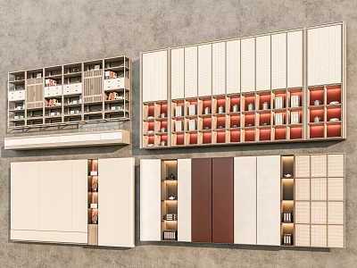 Modern Display Shelves With Multi Tiered Design White Brown Finish And Red Accent Storage Compartments 3d model