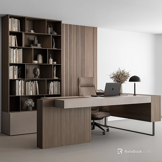 Modern Wooden Desk And Office Chair Set For Home Office Workspace With Bookshelf And Lamp 3d model 
