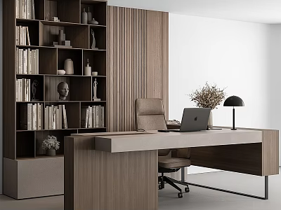 Modern Wooden Desk And Office Chair Set For Home Office Workspace With Bookshelf And Lamp 3d model