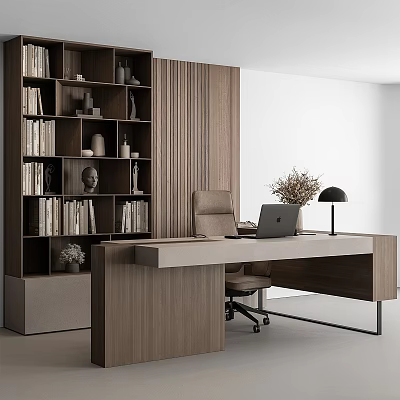 Modern Wooden Desk And Office Chair Set For Home Office Workspace With Bookshelf And Lamp 3d model